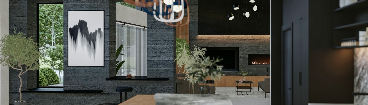 Modern interieur met aandacht voor energie-efficiëntie en stijlvolle verlichting, waarbij donkere accenten en natuurlijke materialen worden gecombineerd